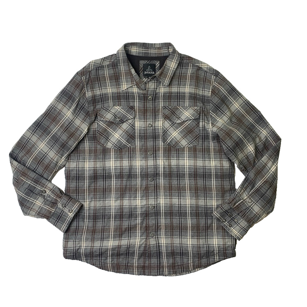 Prana Shirt Mens L Large Grey Asylum Plaid Snap Button Lined Flannel Overshirt